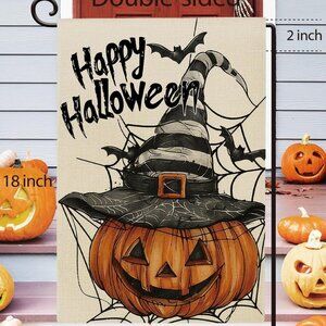 Happy Halloween Garden Flag 12x18" – Double-Sided Burlap Yard Flag with Witch